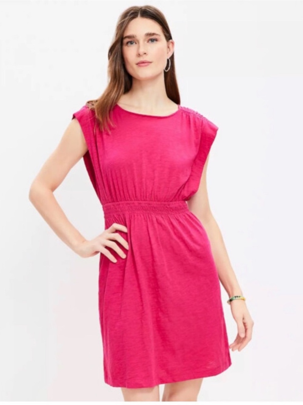 LOFT Fair Fuchsia Pink Cotton Mini Dress Petite Smocked Waist NWT XLP